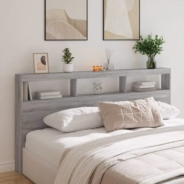 Berkfield Home Modern Wall-Mounted Headboard Cabinet with LED Lighting and USB Charging Port in Grey Sonoma, W/D/H: 200 x 17 x 102 cm – 1