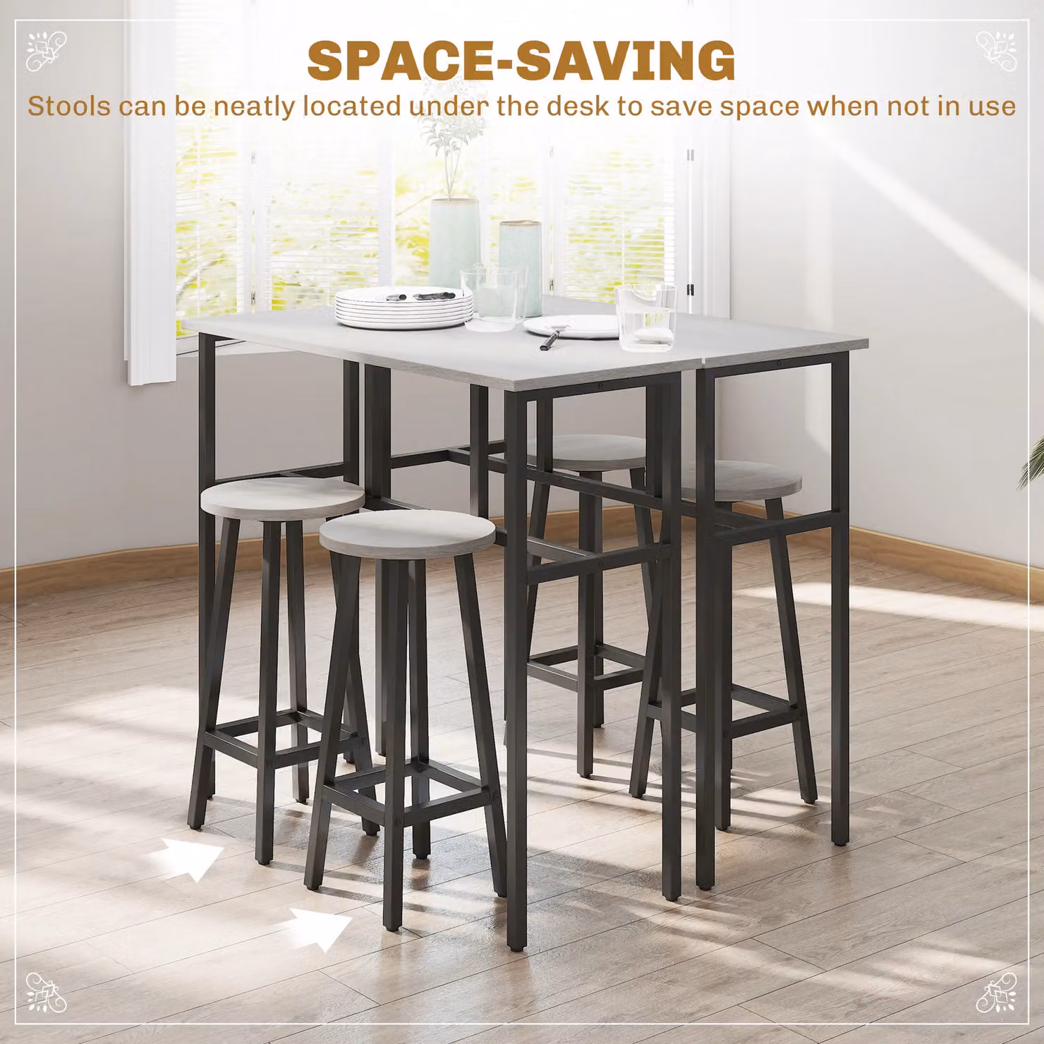 HOMCOM 6-Piece Bar Table Set with 2 Grey Breakfast Tables and 4 Stools for Kitchen, Living Room or Dining Room – 3