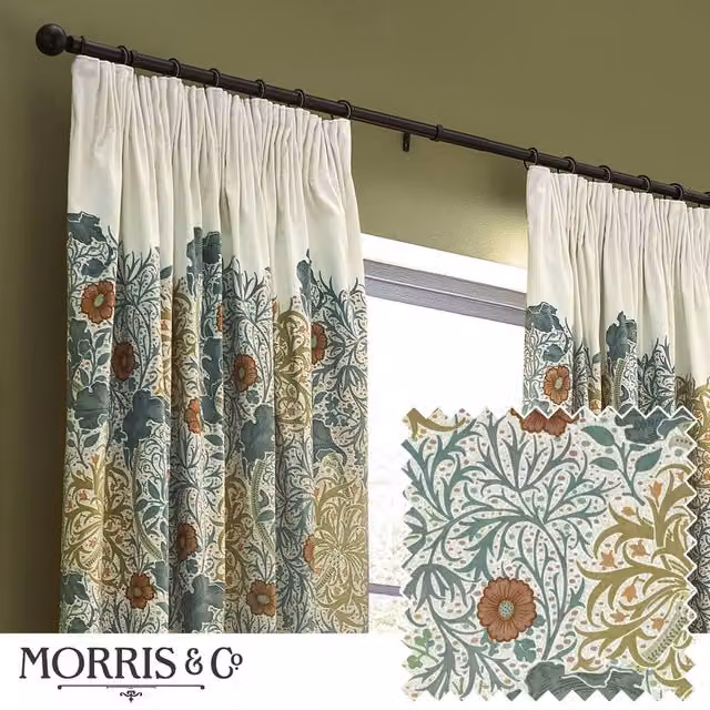 Morris & Co. Seaweed Floral Art Nouveau Velvet Pencil Pleat Curtains in Stone and Sunflower, Width: 228 cm, Drop: 183 cm