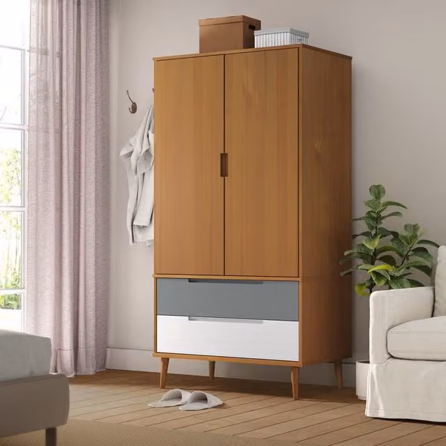 Berkfield Home MOLDE Wardrobe in Brown Solid Pine, W/D/H: 90 x 55 x 175 cm