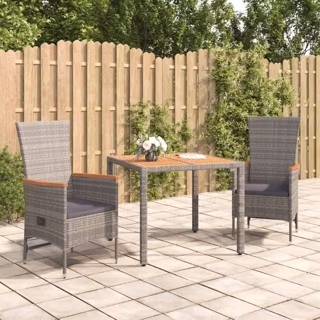 Berkfield Home 3 Piece Grey Poly Rattan and Solid Acacia Wood Garden Dining Set