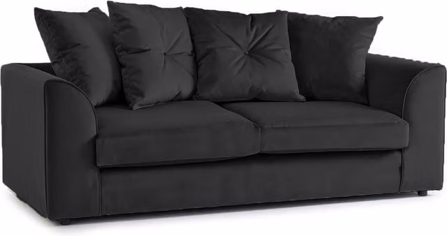 Furnishings For Less UK Fernando 3 Seater Sofa in Black Soft Plush Velvet Fabric with Scatter Cushions and Removable Covers – 1