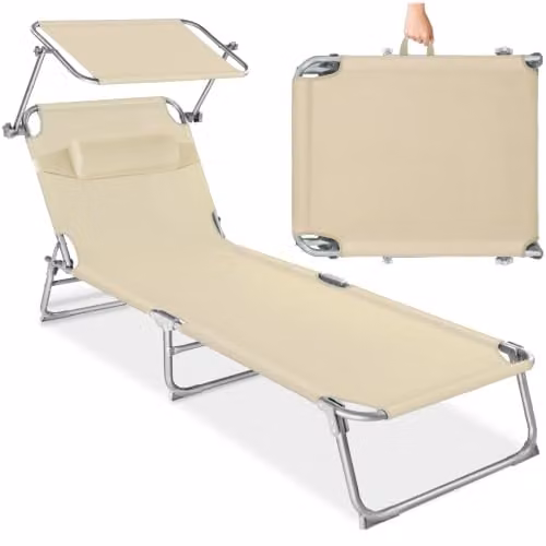 tectake Folding Sun Lounger in Beige with Sun Canopy and Adjustable Headrest, W/D/H: 190 x 68 x 111 cm – 1