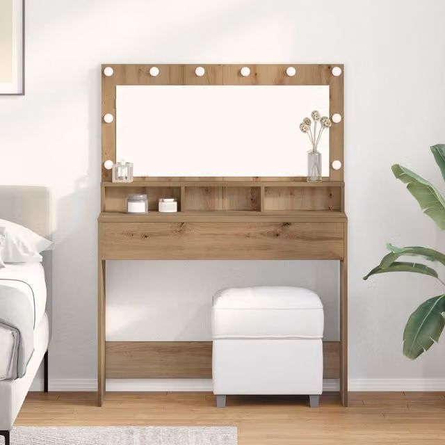 Berkfield Home Makeup Table with Hollywood LED Lights in Artisan Oak Brown, W/D/H: 100 x 41 x 135 cm – 1