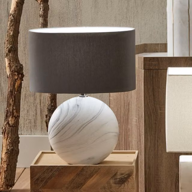 Pacific Lifestyle Modern Marble Effect Ceramic Table Lamp with Fabric Lampshade in White and Grey