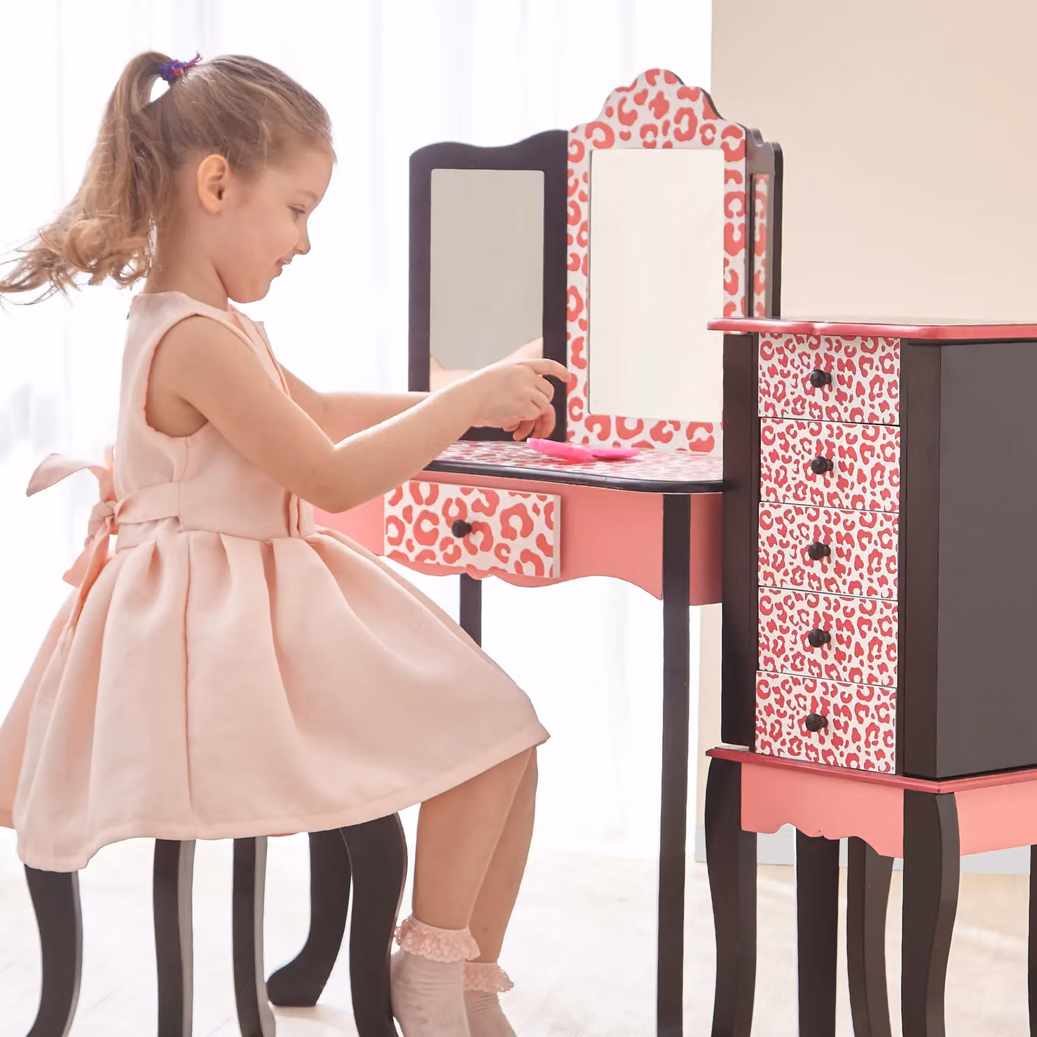 Teamson Kids Leopard Print Wooden 2-Piece Play Vanity Set with Tri-Fold Mirror, Storage Drawer and Matching Stool, Black and Pink – 2