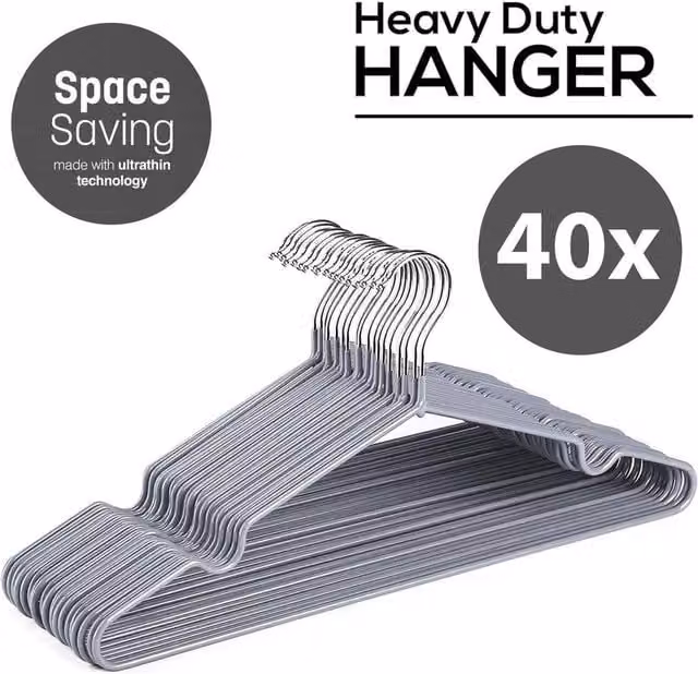 ATEK 40 Pack Grey Metal Clothes Hangers, Heavy Duty Non-Slip Rubber Coated Space Saving Organisers for Coats, Jackets, Shirts and Suits – 1