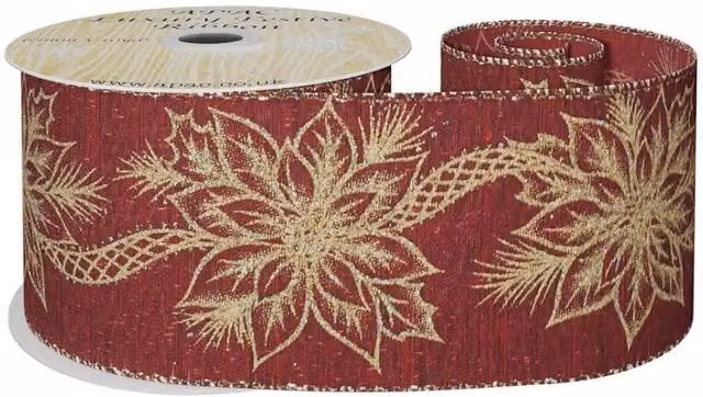 KDMD Red and Gold Poinsettia Ribbon, Width: 6.3 cm, Length: 9.14 m