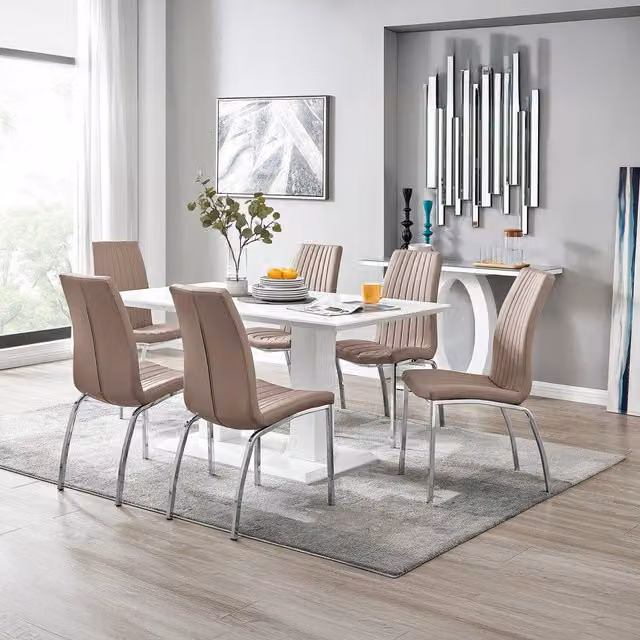 FurnitureboxUK Imperia High Gloss Rectangular Dining Table and 6 Isco Faux Leather Chairs Set in Brown