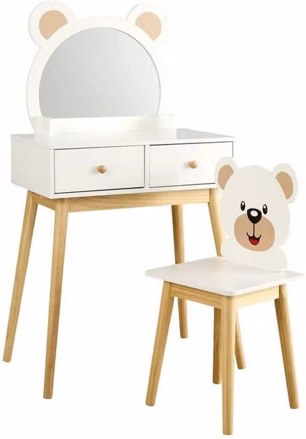FORGEVIO 2 Drawer Dressing Table Set with Built-In Mirror and Stool in White