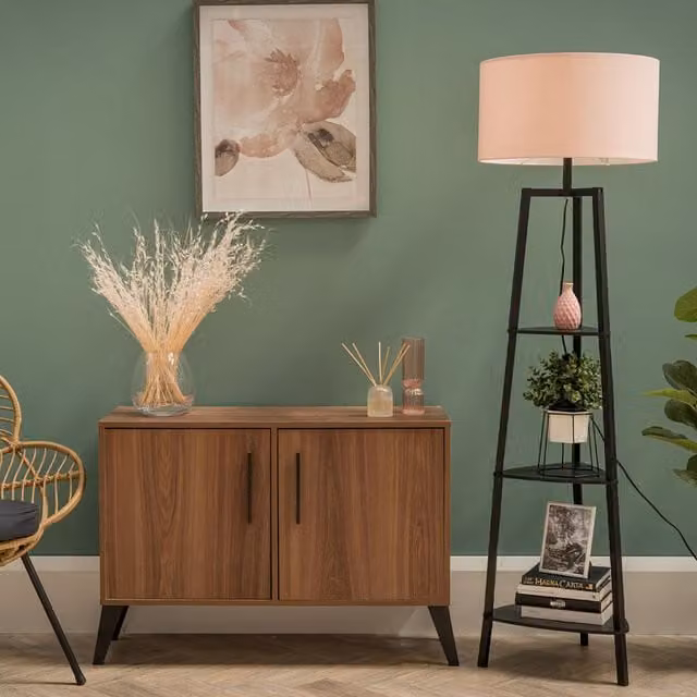 Hiru 3 Tier Modern Floor Lamp with Metal Shelf and Black Fabric Drum Shade