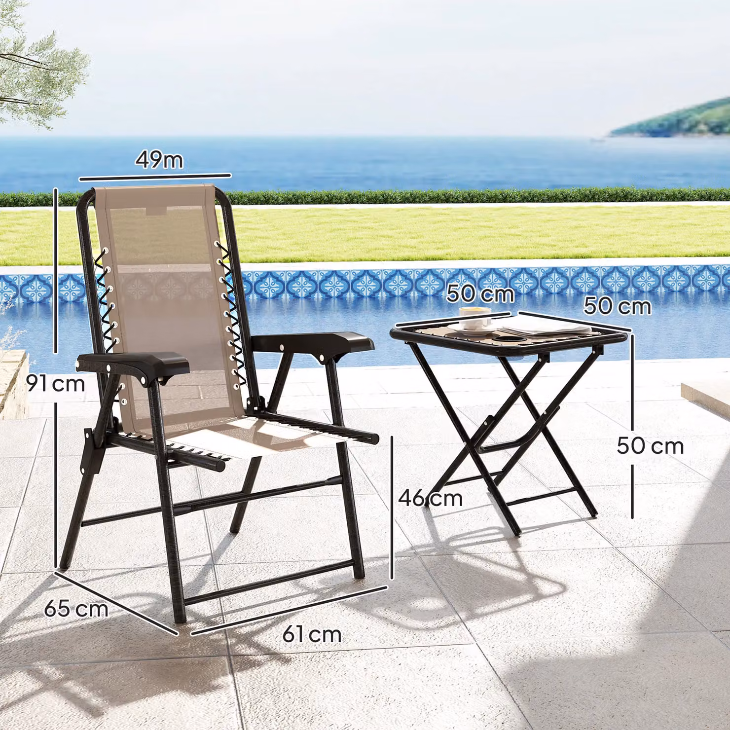 OUTSUNNY 3 Piece Folding Metal Garden Bistro Set with Cup Holders in Beige – 3