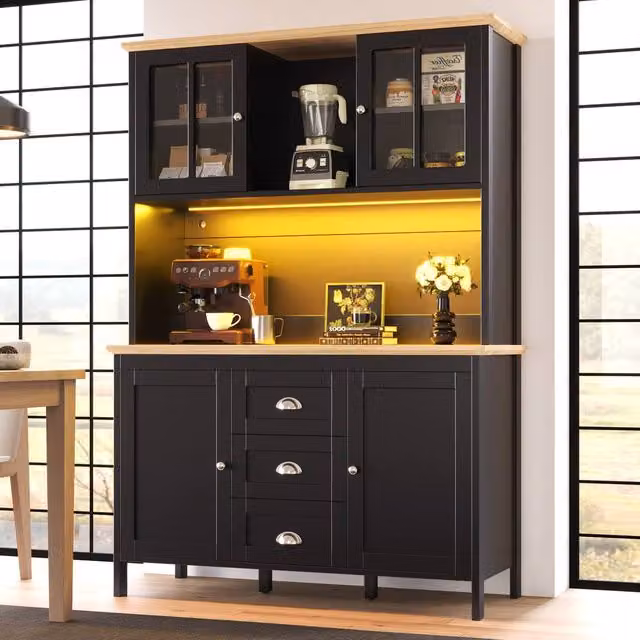 Matteo Black MDF Tall Sideboard Kitchen Cabinet with LED, 4 Doors and 3 Drawers – 1