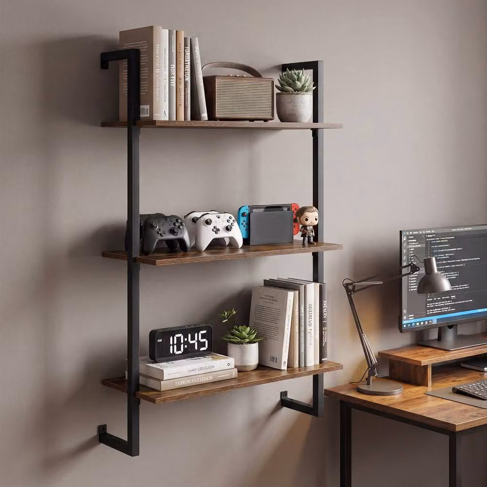 Gymax Industrial 3-Tier Wall Mounted Kitchen Shelf and Floating Display Rack in Brown – 3