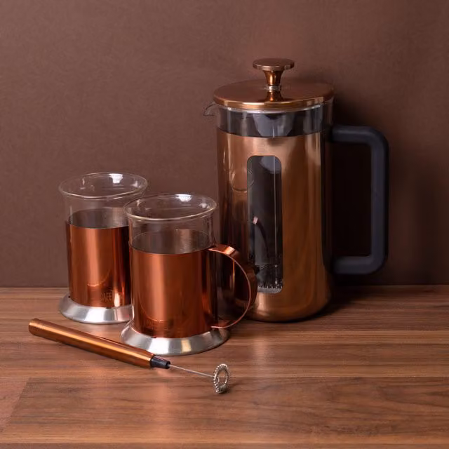 La Cafetiere 3-Piece Cafetiere Gift Set with 8-Cup Cafetiere, Frother and Copper Coffee Mugs in Metallic Gold – 1