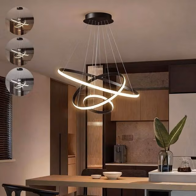 COMELY Modern 3 Ring LED Pendant Ceiling Light, Adjustable Black Metal Chandelier