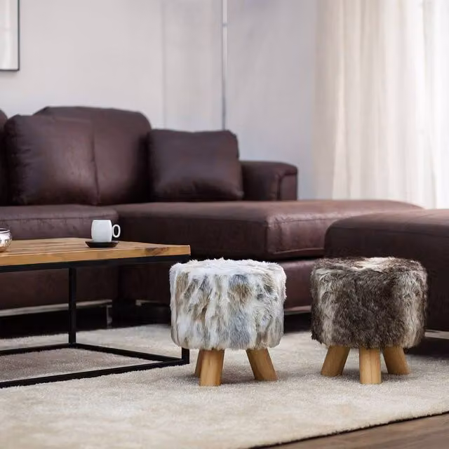Wyld and Coco Round Faux Fur Footstool in Brown and Beige with Rubberwood Tripod Base – 1
