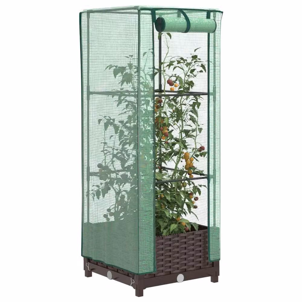 Berkfield Home Raised Bed with Greenhouse Cover in Brown Rattan Look, W/D/H: 40 x 40 x 123 cm – 2