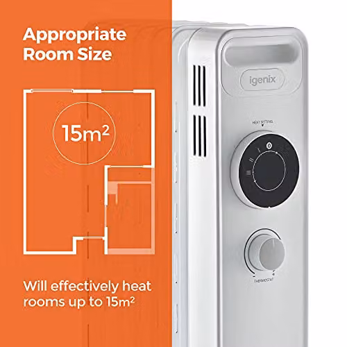 Igenix 1500W Oil Filled Radiator, White Freestanding Metal Heater with Overheat, Tilt and Thermostat Protection – 3