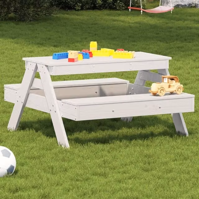 Berkfield Home White Solid Wood Pine Picnic Table for Kids W/D/H: 88 x 97 x 52 cm
