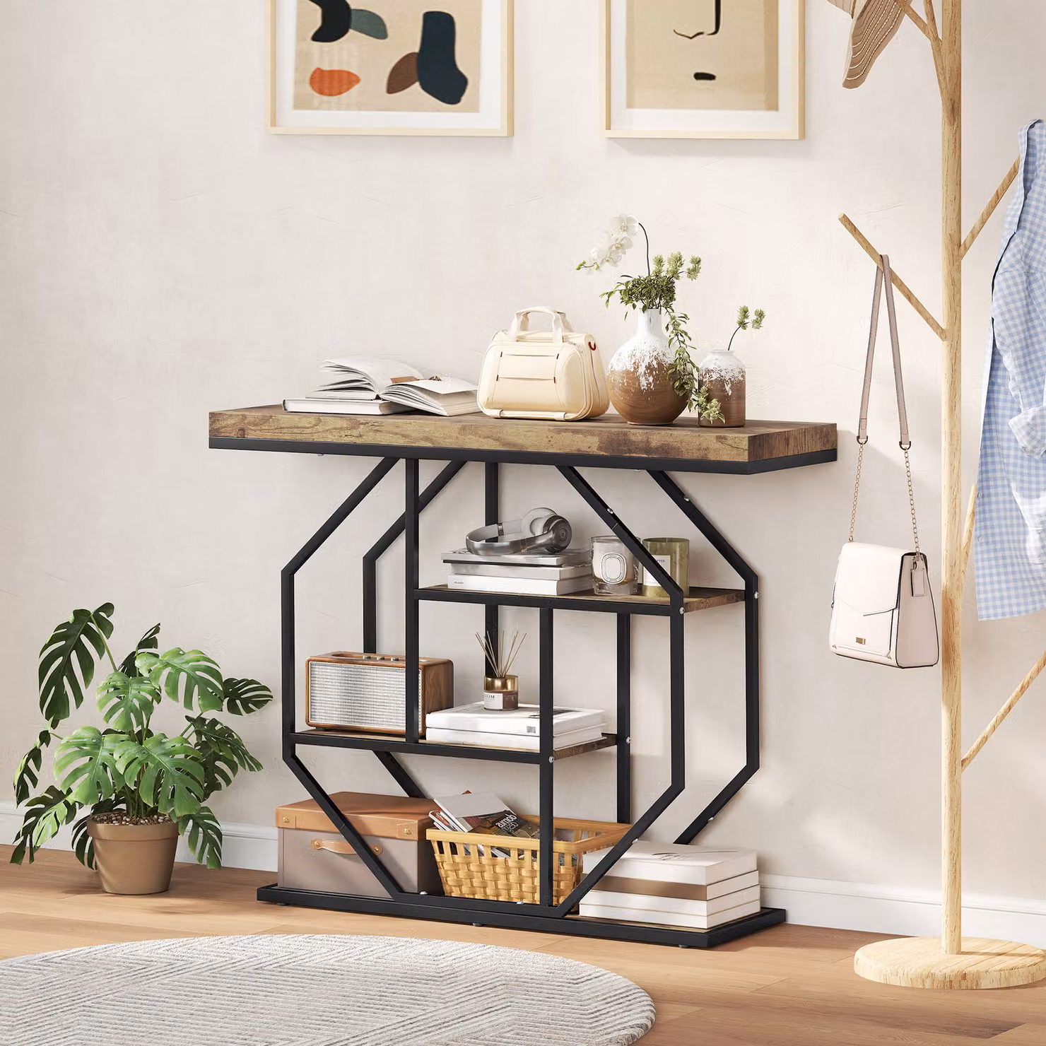 HOMCOM 4-Tier Industrial Console Table in Brown – 2