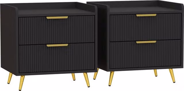 HOMCOM Set of 2 Elegant Modern Two-Drawer Bedside Tables in Black and Gold