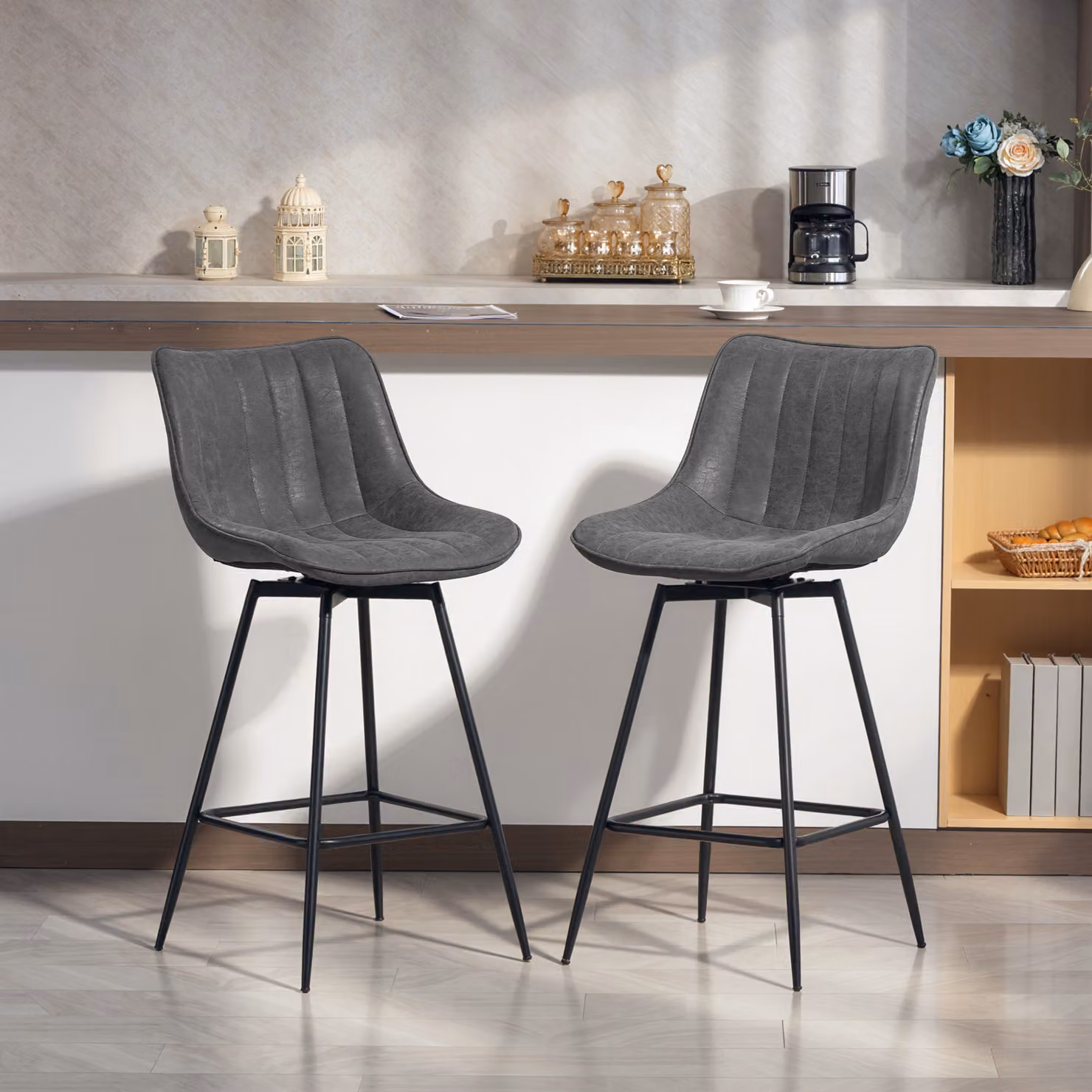 HOMCOM Set of 2 Grey PU Leather Swivel Bar Stools with Metal Legs – 2