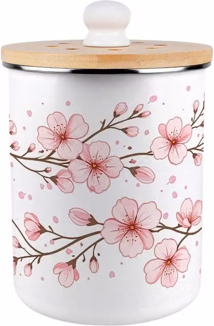 Purely Home Pink Cherry Blossom Metal Food Waste Caddy with Removable Inner Bucket and Odour Filter, 2L, W: 22.5 cm, D: 16.5 cm, H: 22.5 cm – 1