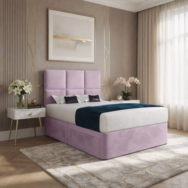KDMD Isham Pink Velvet Upholstered Designer Bed Frame with Floorstanding Headboard, W/D/H: 180 x 200 x 137 cm