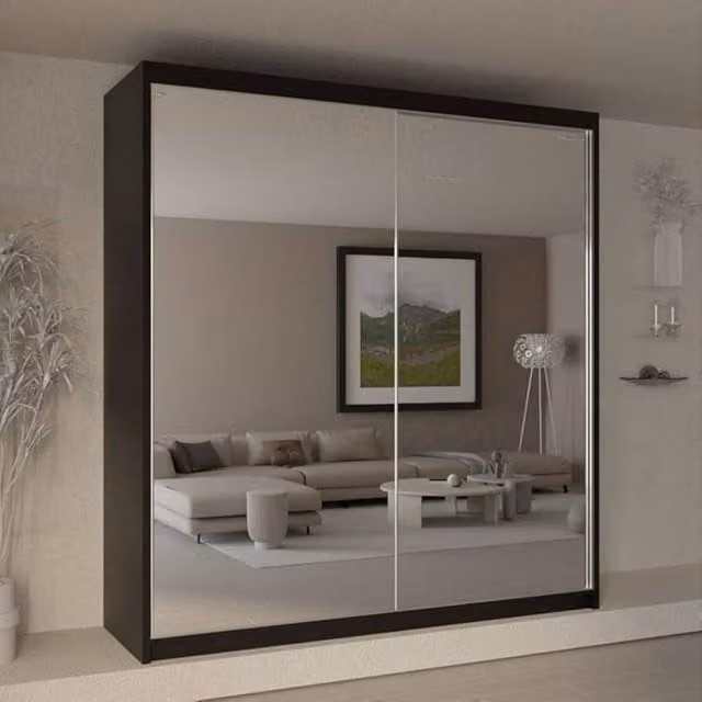 Sliding Wardrobes 4U Jacklin Double Mirror Sliding Door Wardrobe in Black, W: 150 cm, H: 217 cm