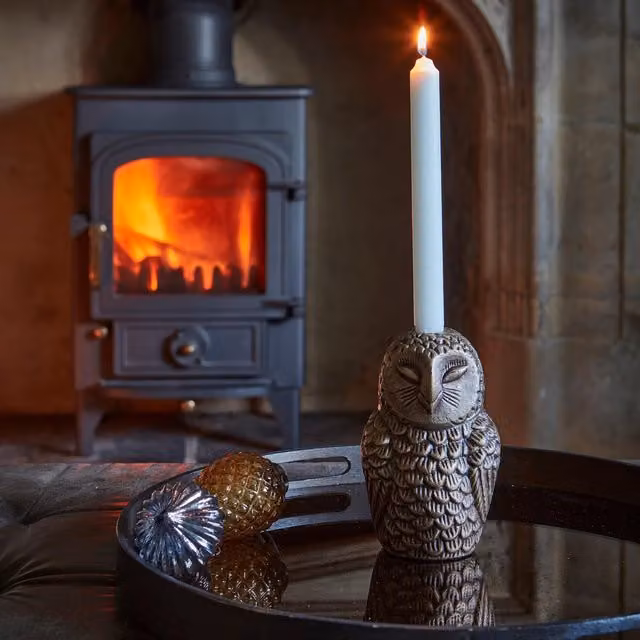 Ivyline Cast Aluminium Owl Candle Holder in Antique Brass, H14.5 x W7.5 cm