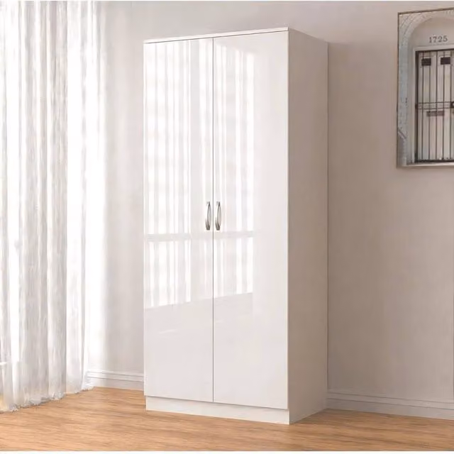FORGEVIO White High Gloss 2 Door Wardrobe with Internal Shelves and Hanging Rod – 1