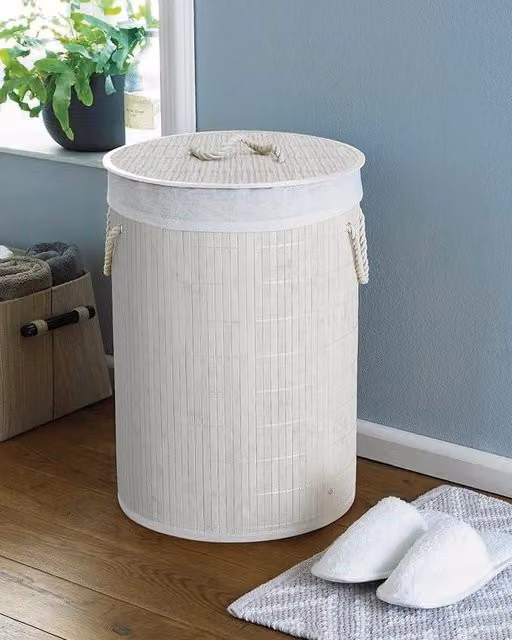 HomeSpace Direct Round White Bamboo Laundry Hamper – 1