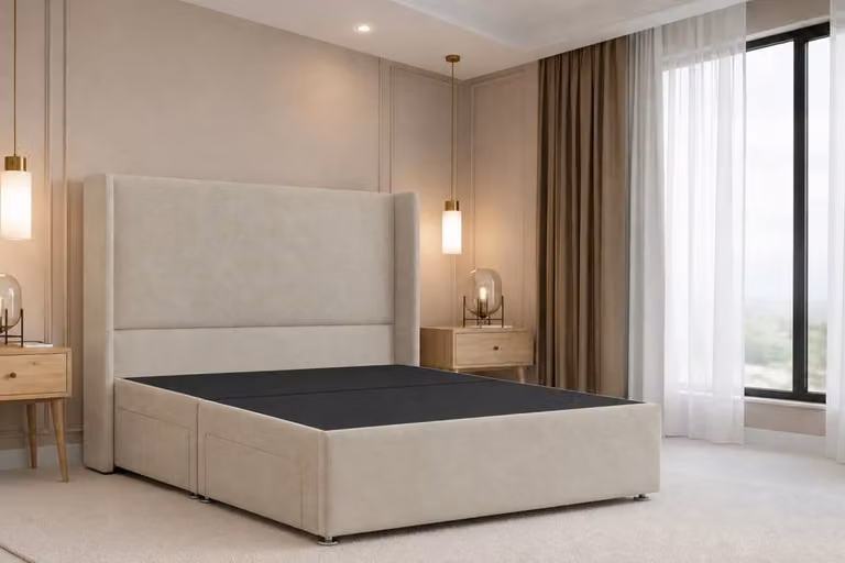 Chester & Oakley Velora Plush Divan Bed Base with Winged Headboard, Beige Velvet Fabric, W/D/H: 120 x 200 cm