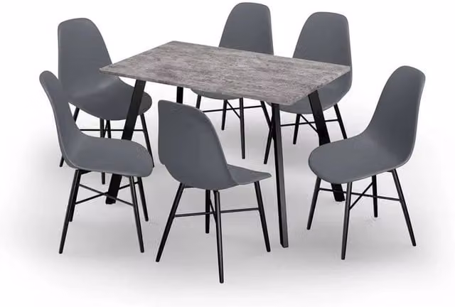 URBNLIVING Concrete Dining Table and 6 Grey Tulip Chairs Set with Metal Legs, W: 110 cm, H: 75 cm