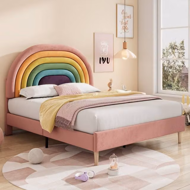 ModernLuxe Pink Velvet Upholstered Kids Bed with Slatted Frame, W/D/H: 140 x 200 cm – 1