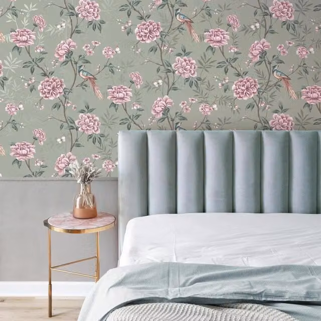 Crown Akina Floral Botanical Wallpaper in Green and Pink