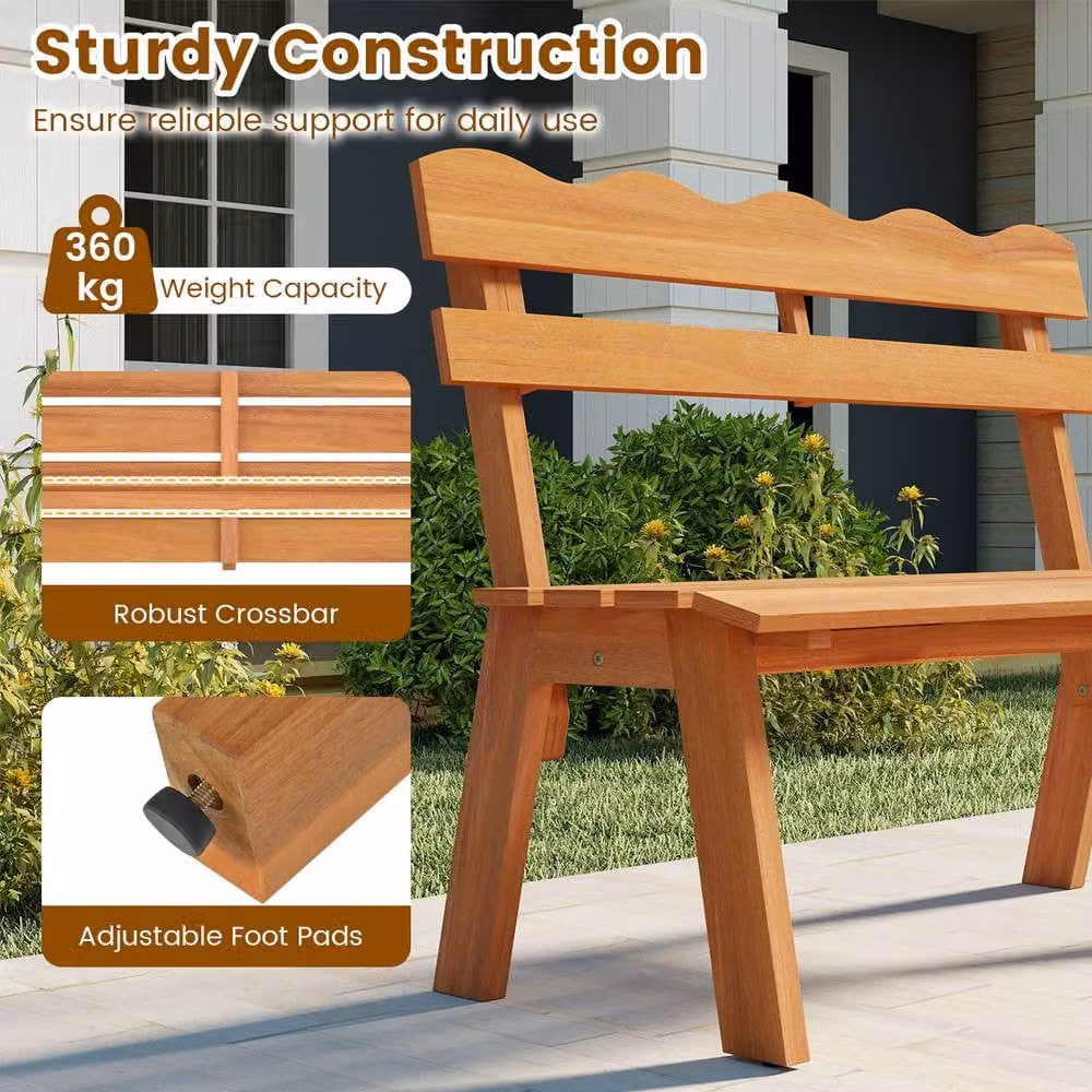 Costway 2-Person Outdoor Acacia Wood Garden Bench with Backrest and Armrests in Brown – 6
