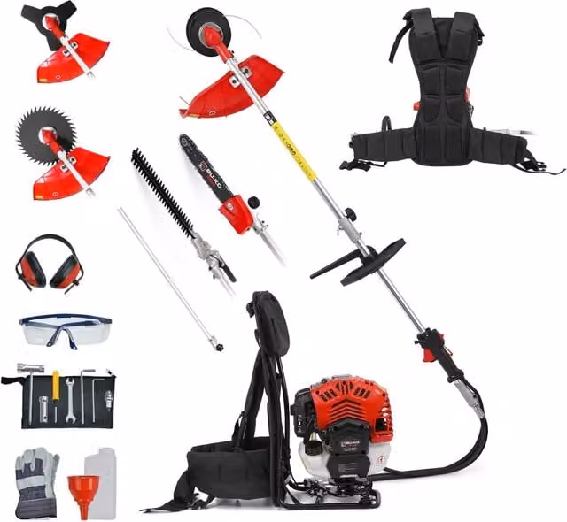 BU-KO 52cc Petrol Backpack Garden Multi Tool with Telescopic Pole, Strimmer, Hedge Trimmer, Pruner and Brush Cutter in Red and Black