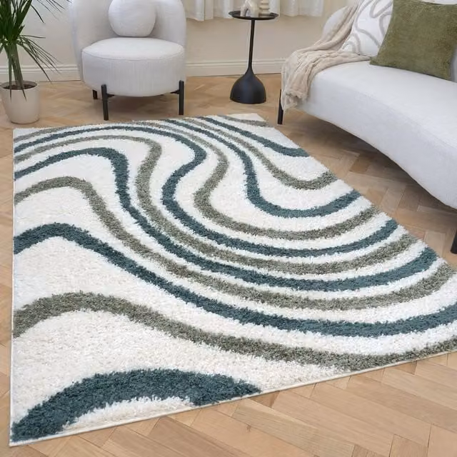 The Rugs Moodi Striped Design Patterned Shaggy Runner in Green, Cream and Multicolour