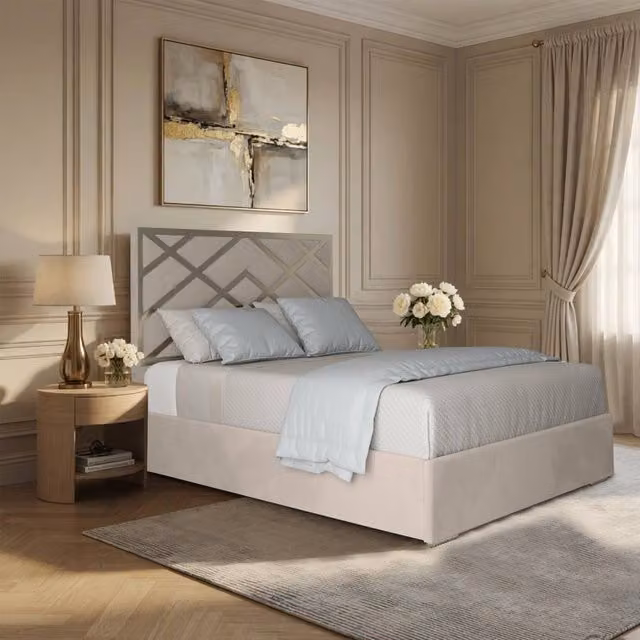 Casani Marden Upholstered Velvet Designer Bed Frame in Beige, W/D/H: 200 x 127 x 200 cm