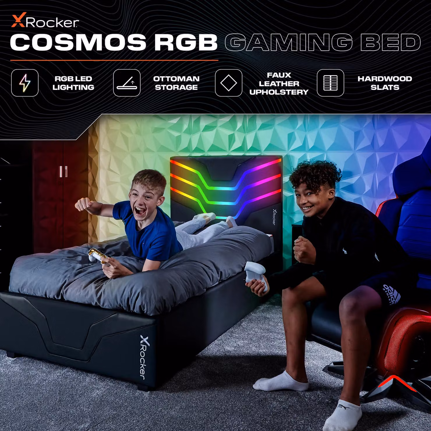 X Rocker Cosmos Ottoman Bed for Kids in Black with LED Lighting and Under-bed Storage, W/D/H: 90 x 190 cm – 2