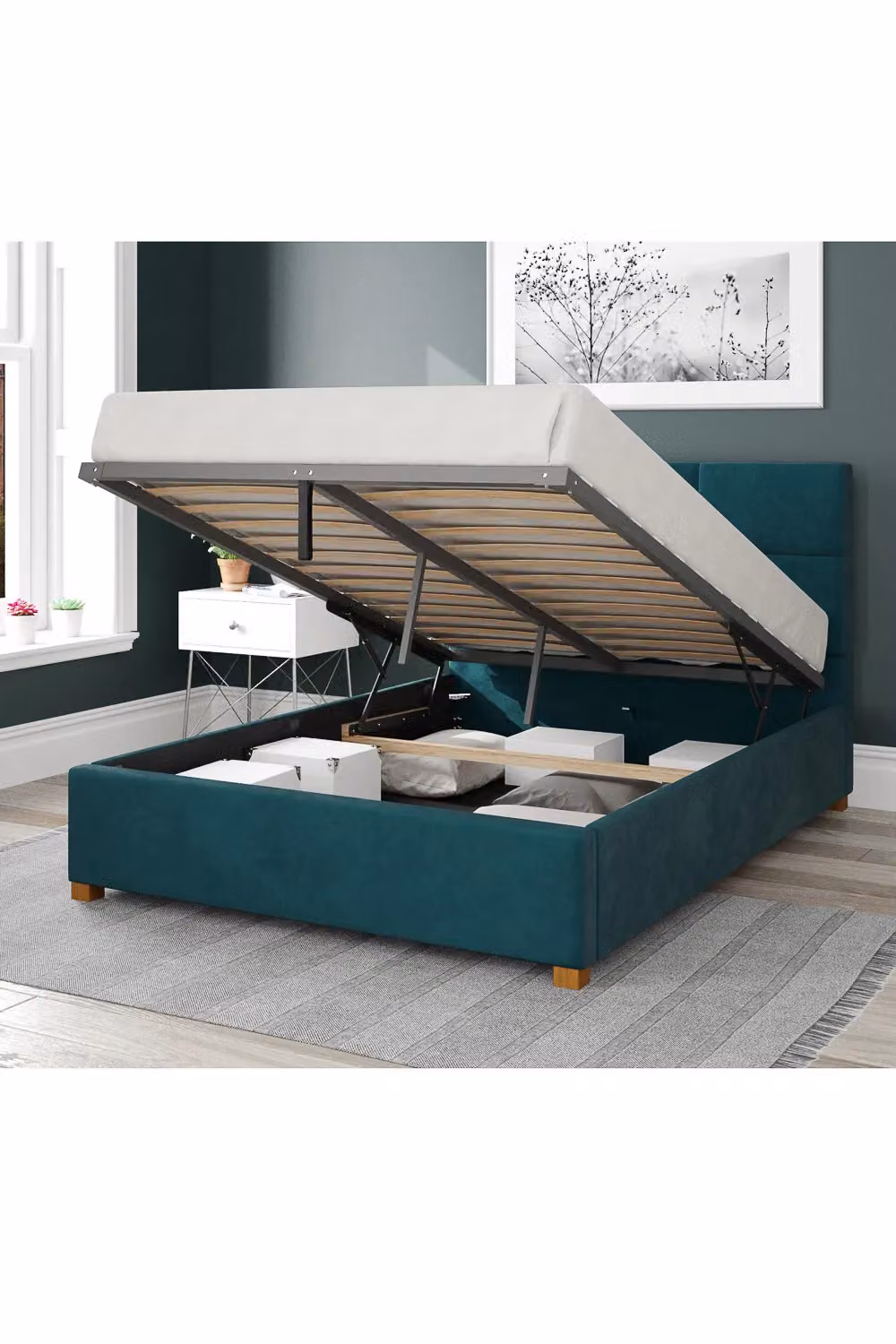 Aspire Caine King Size Upholstered Ottoman Storage Bed in Green Velvet Fabric – 2