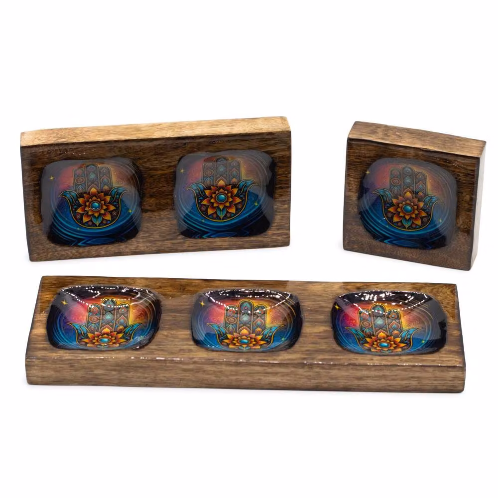 Serenityy Enamelled Mango Wood Tray Set with Hamsa Design in Multicolour – 4