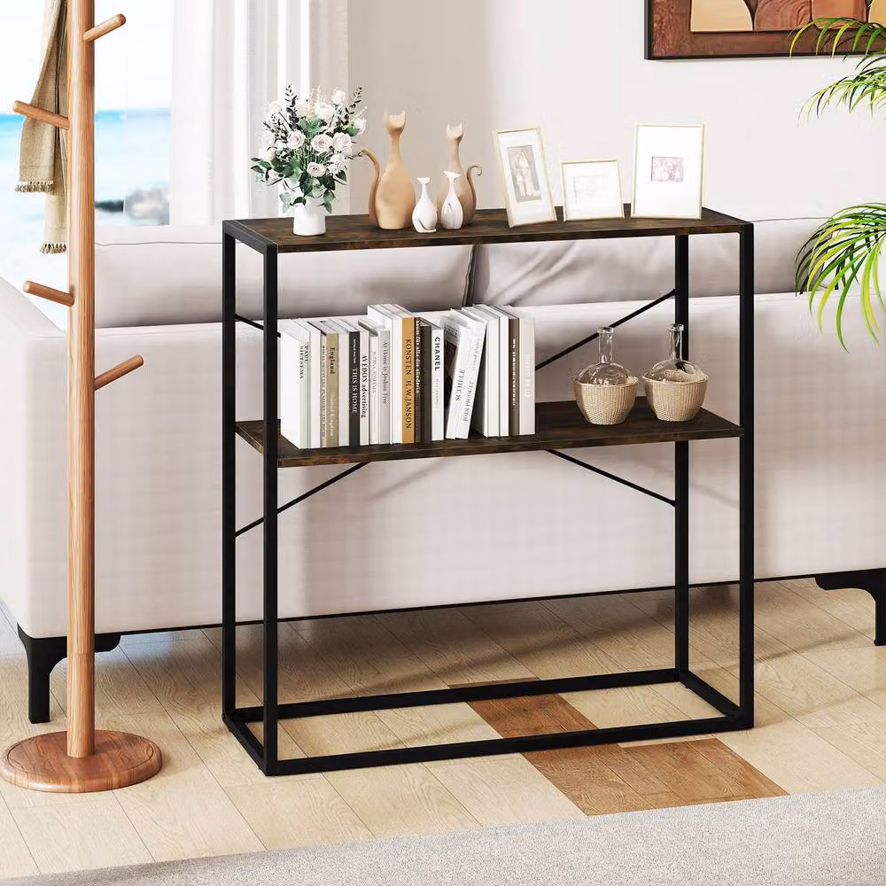 Gymax 2-Tier Industrial Console Table with Wooden Shelves and Metal Frame, Brown – 5