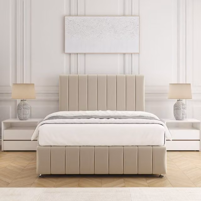 BSSPOKE Sierra Plush Velvet Divan Bed Set with 24 inch Headboard and Mattress in Beige, Single, W/D/H: 90 x 190 cm