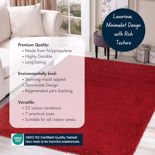 Serdim Rugs Red Plain Modern Shaggy Hallway Runner Rug, W: 60 cm, L: 220 cm – 4