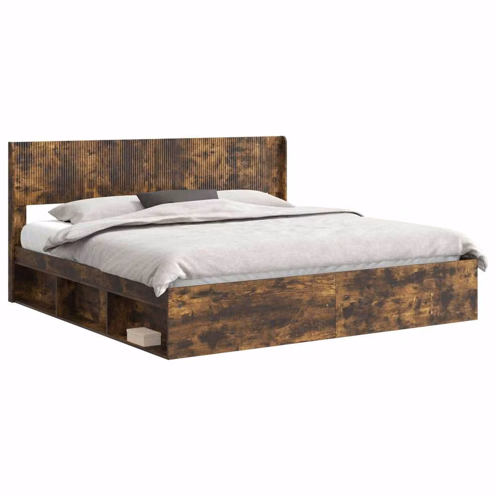 Berkfield Home Modern Bed Frame with Headboard and Side Compartment Storage, Smoked Oak, Brown, W/D/H: 180 x 200 cm – 2