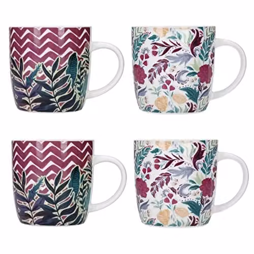 KitchenCraft Exotic Floral Stoneware Mugs, Set of 4, Multicolour, 425ml – 1