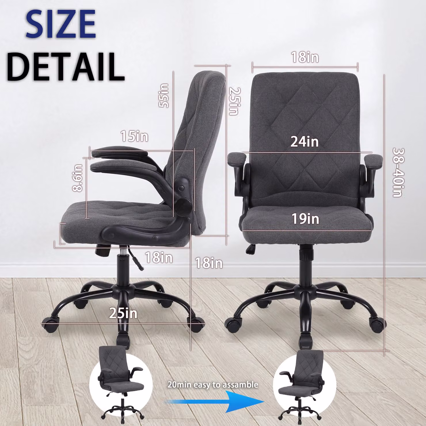 FURNITURE ONE Ergonomic Computer Desk Chair in Grey Linen Fabric with Flip-Up Armrests and 360 Degree Swivel – 2